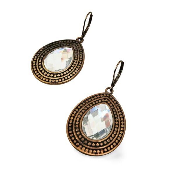 Earthy Chic Faceted Crystal Teardrop Dangle Oxidized Gold Drop Earrings JW1531 - Picture 4 of 5